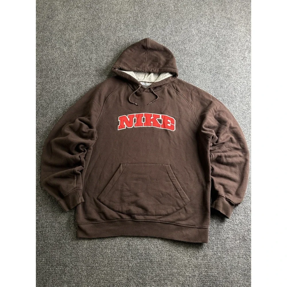 Mens Nike 2000s Brown Pullover Hoodie Embroidered Spellout Logo, Size L